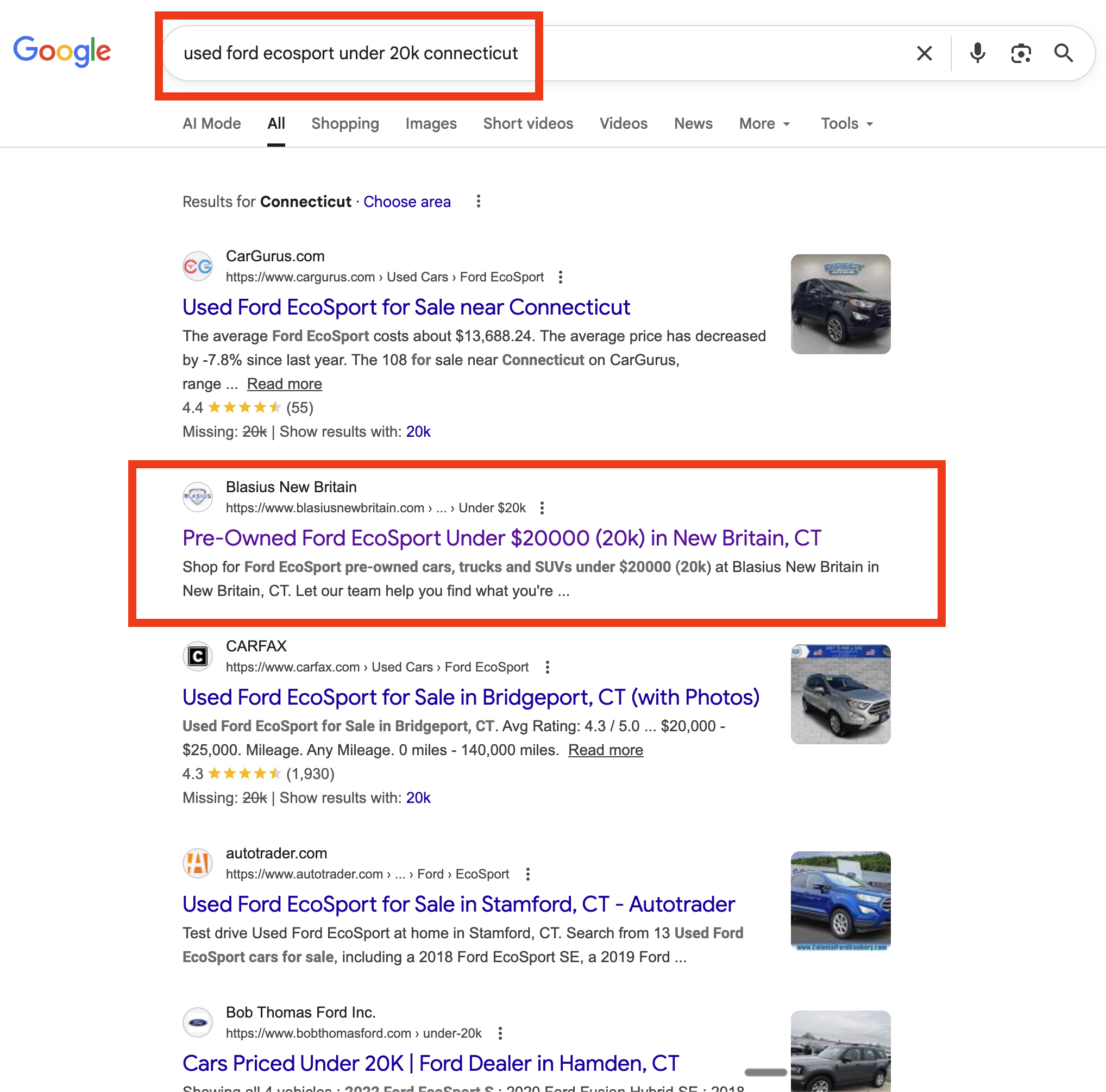 Google search result showing Ford Ecosport ranking on page 1