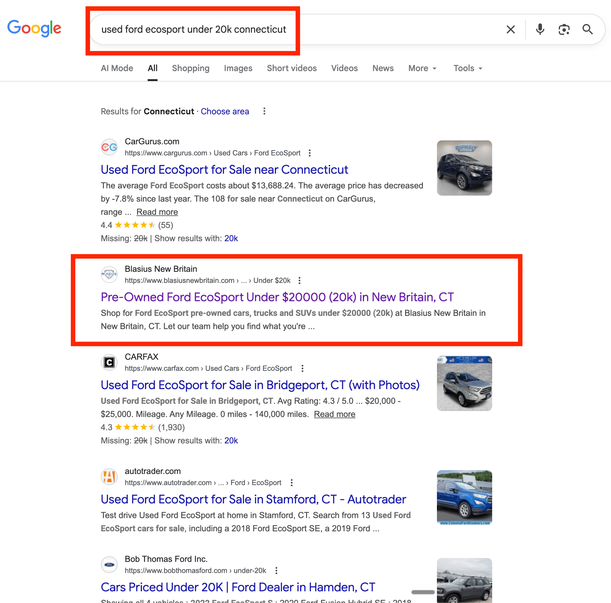 Google search result showing Ford Ecosport ranking on page 1