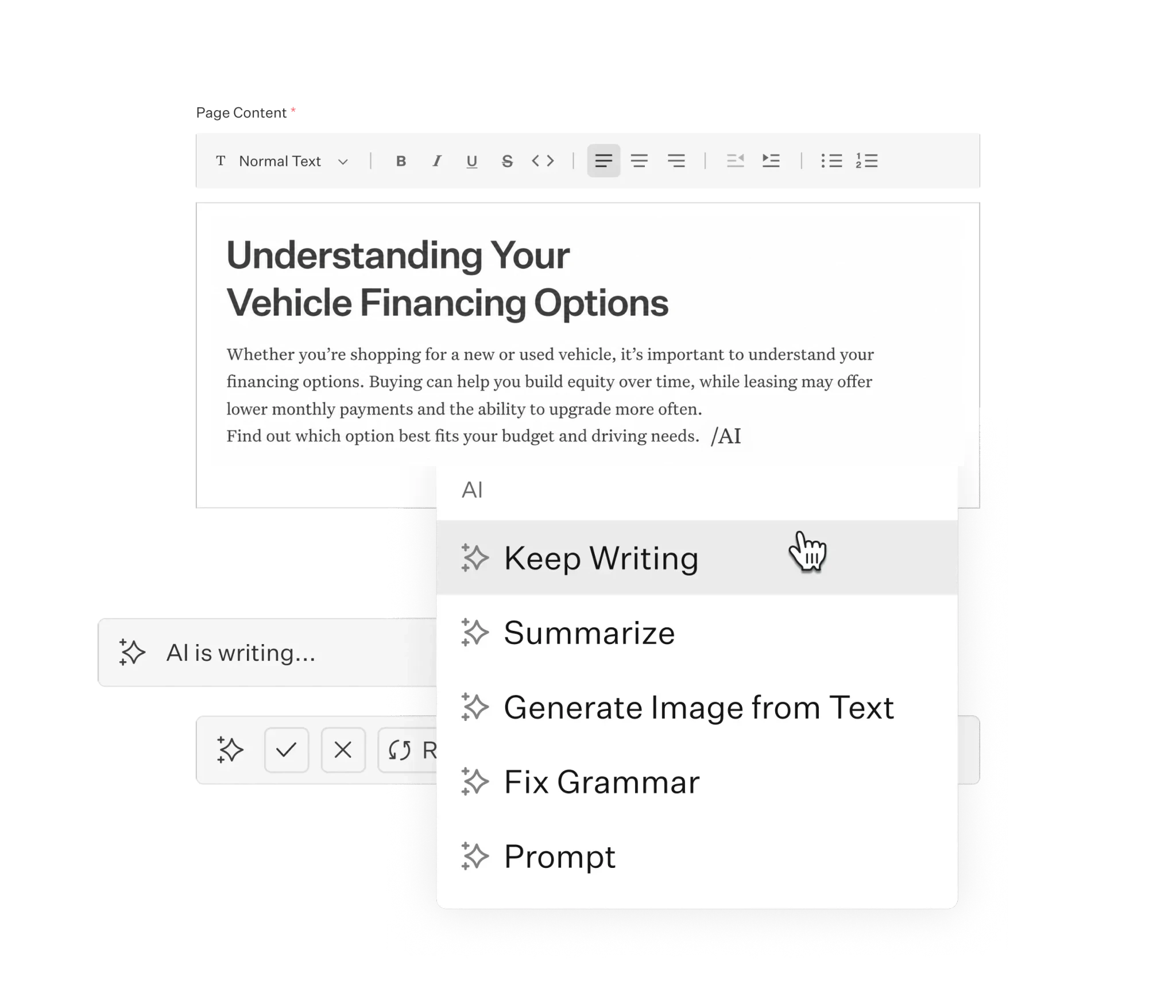 AI writing assistant suggesting alternate copy